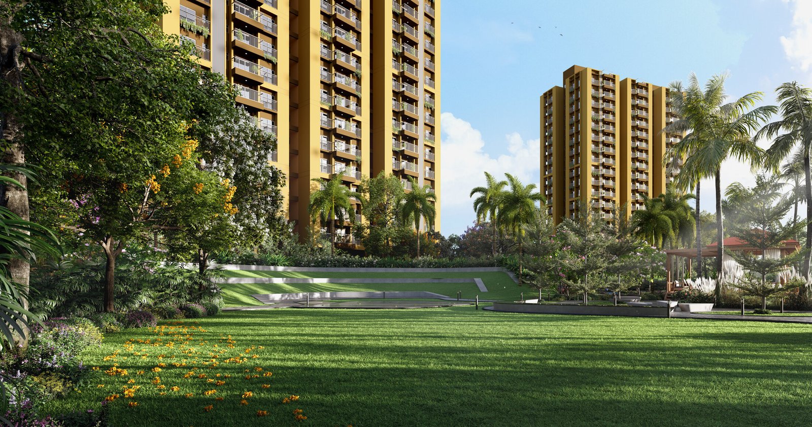 Official artistic impression of the central lawn at Srijan Orizon